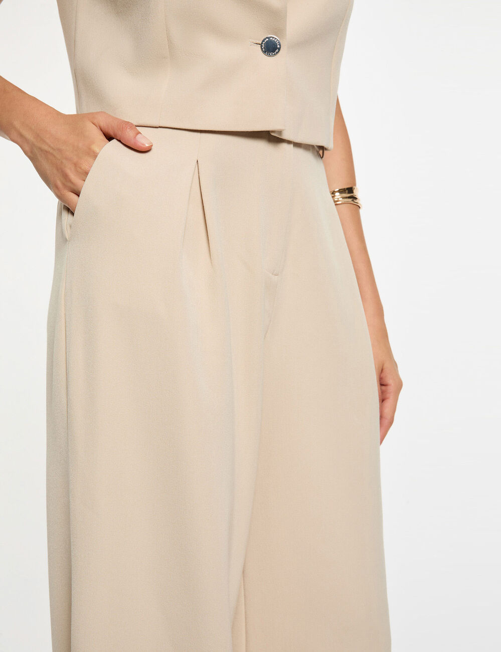 Pantalon large taille haute beige femme