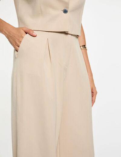Pantalon large taille haute beige femme