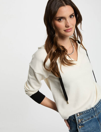 Pull col en V à capuche blanc femme