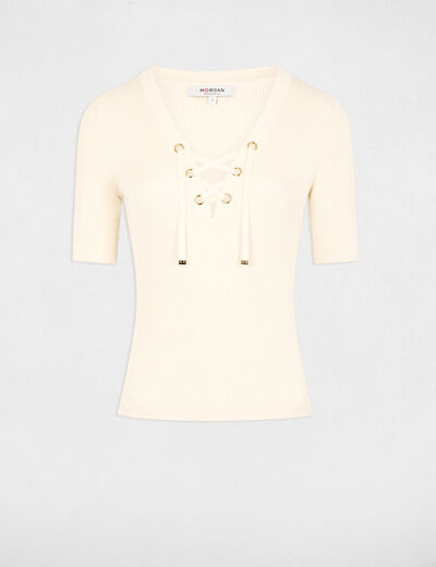 Pull col en V à laçage ivoire femme