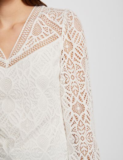T-shirt col en V dentelle ivoire femme