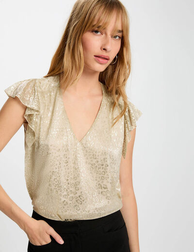 T-shirt sans manches col v jaune or femme
