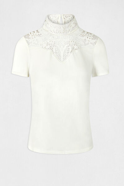 T-shirt manches courtes à dentelle ecru femme