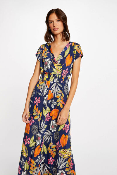 Robe longue évasée imprimé végétal multico femme