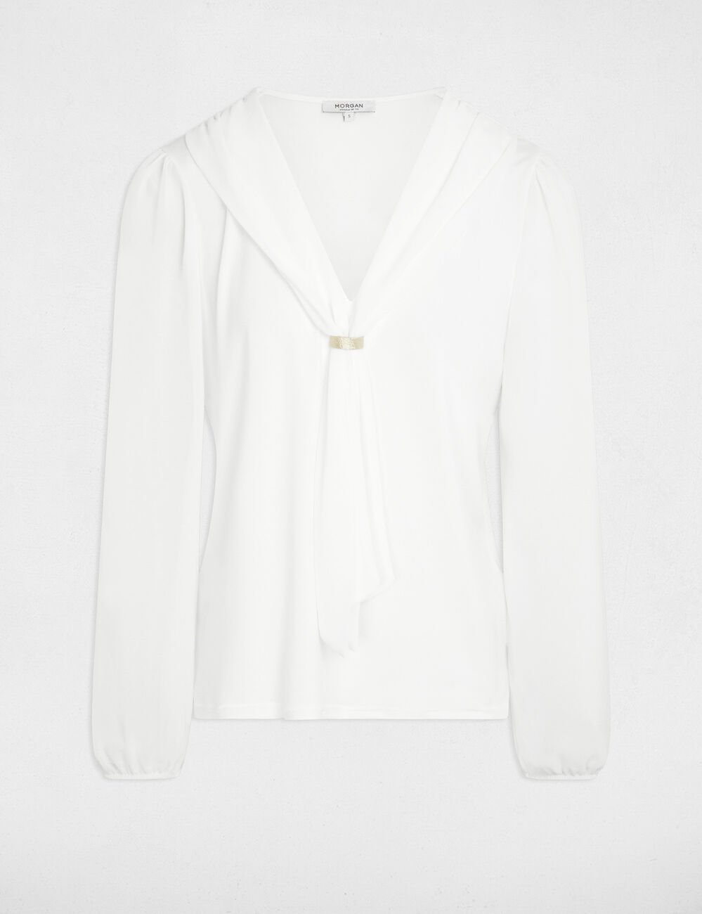 T-shirt voile col lavalli&egrave;re blanc femme