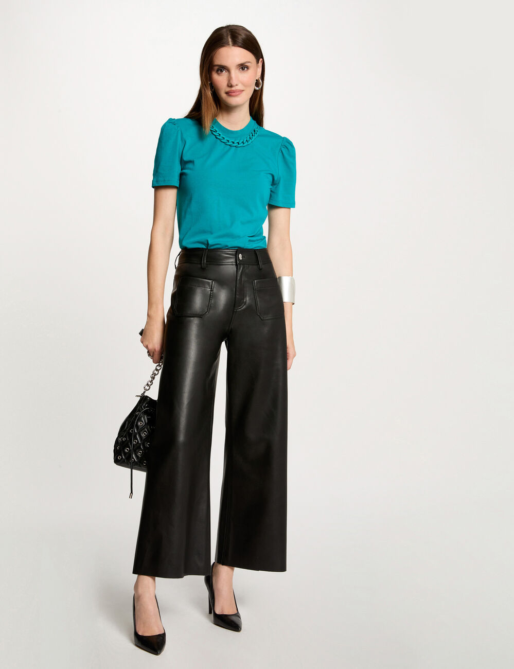 Korte mouwen T-shirt met kettingdetail turkooisblauw vrouw