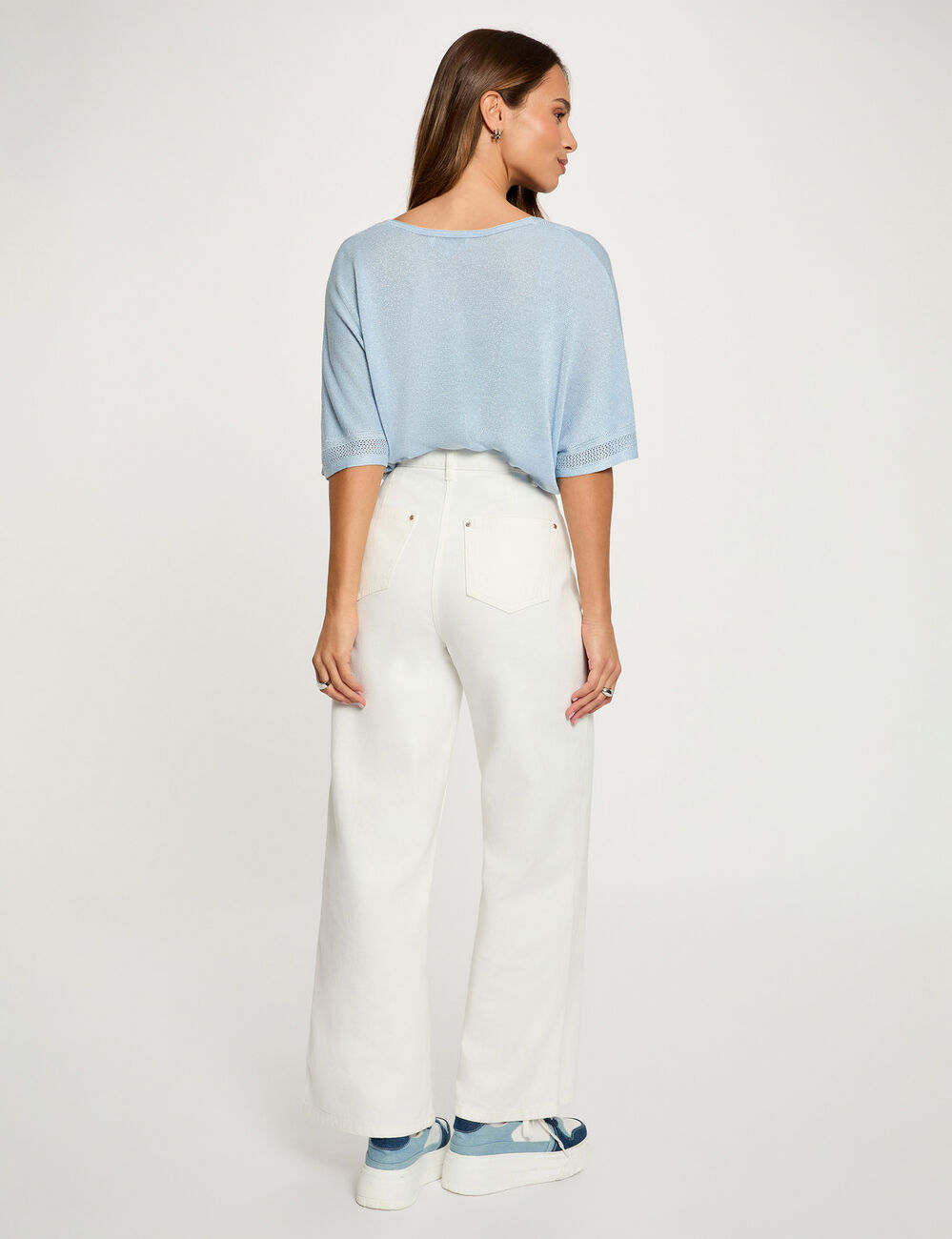 Trui V-hals en korte mouwen hemelsblauw vrouw