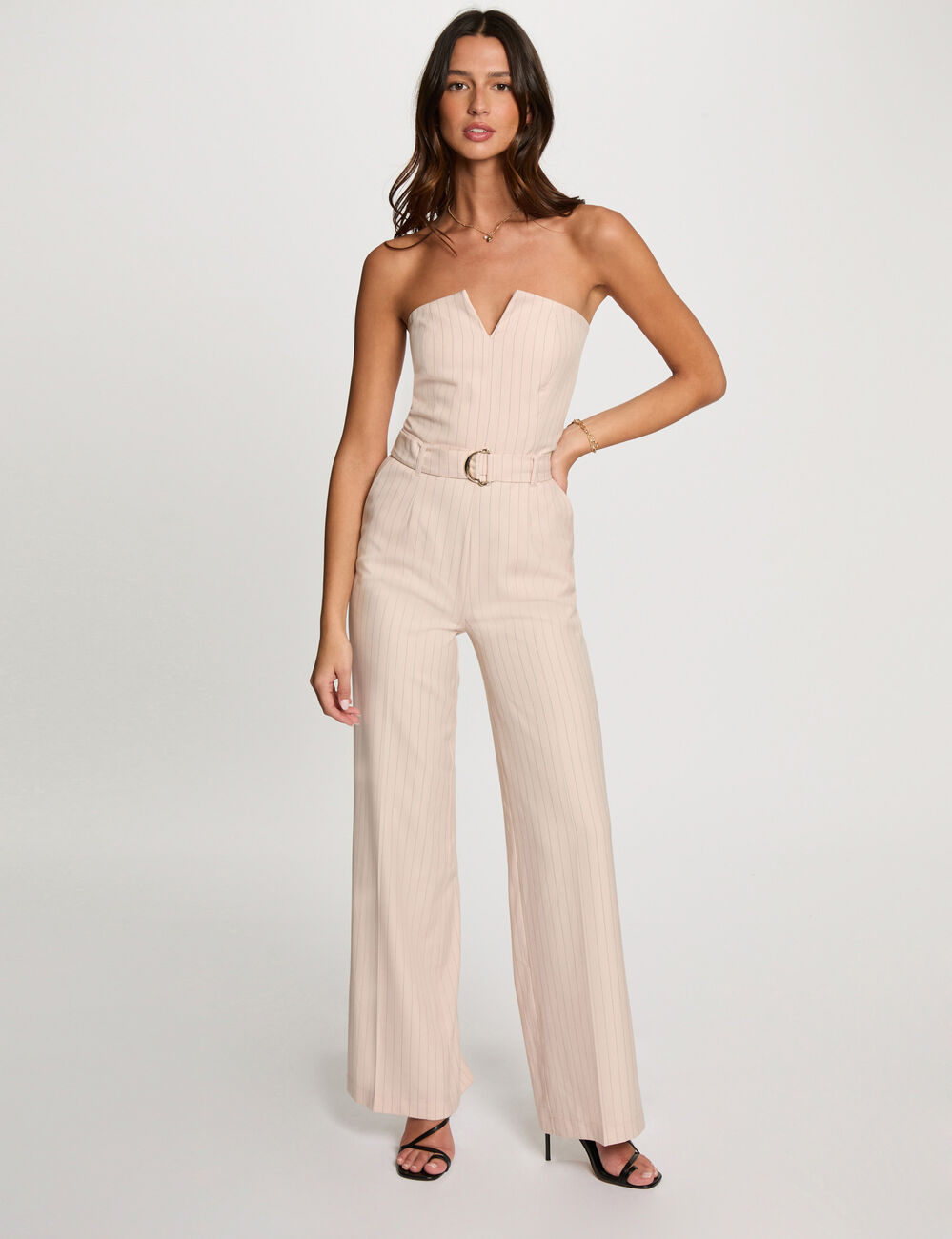 Lange gestreepte jumpsuit lichtroze vrouw