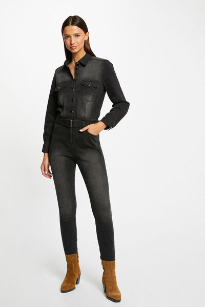 Aansluitende denim jumpsuit met ceintuur antracietgrijs vrouw