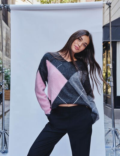Jacquard trui met V-hals donkergrijs vrouw