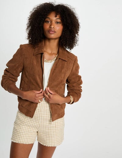 Blouson su&eacute;dine marron cognac femme