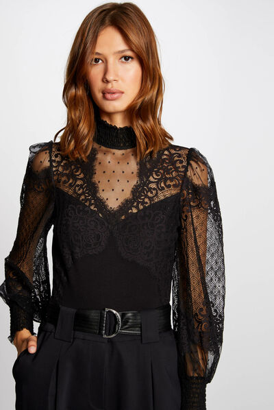 T-shirt met lange mouwen en kant zwart vrouw