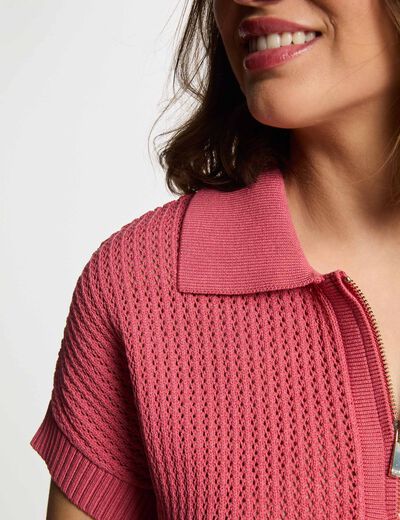 Pull col polo zippé vieux rose femme
