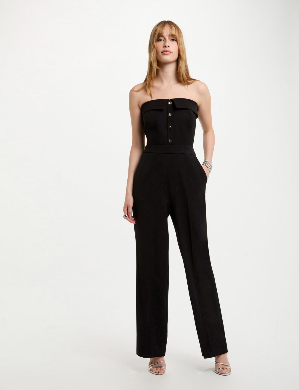 Lange jumpsuit met bustier kraag zwart vrouw