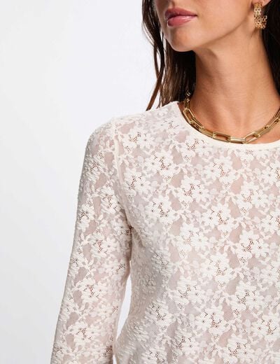 Getailleerd kanten T-shirt ivoor vrouw