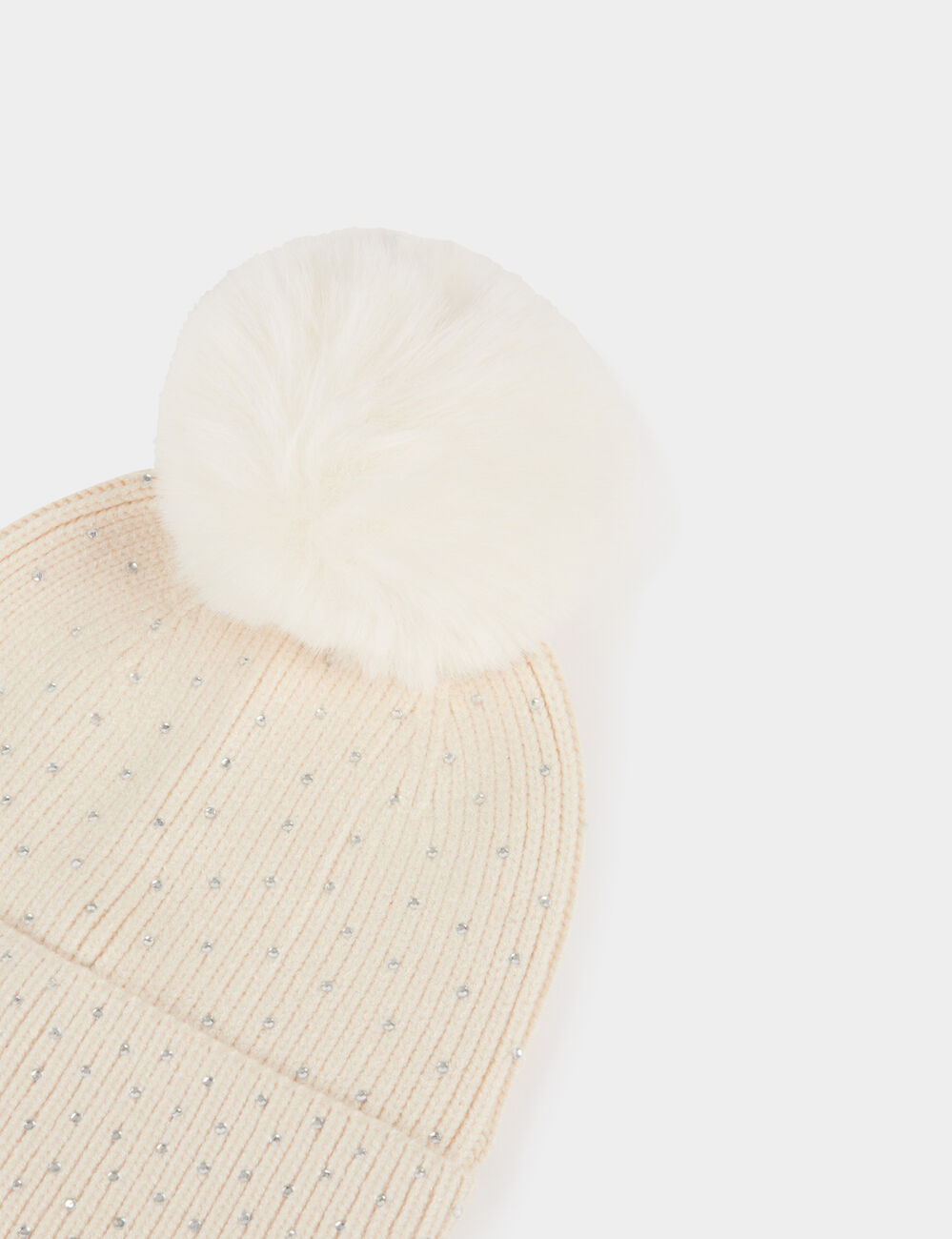 Bonnet avec strass et pompon ivoire femme