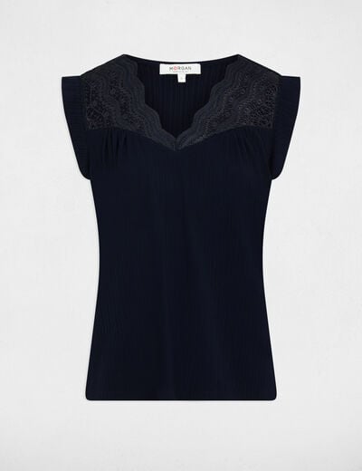 Top pliss&eacute; avec dentelle bleu marine femme
