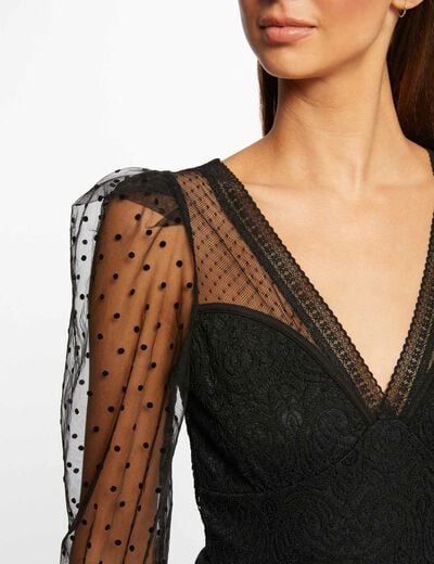 Body met lange mouwen in plumetiskant zwart vrouw