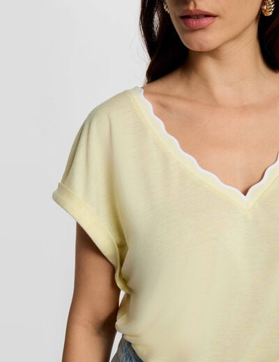 T-shirt col v manches courtes jaune pastel femme