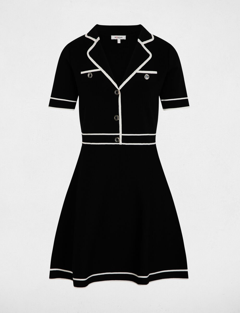 Robe tricot courte col &agrave; revers noir femme
