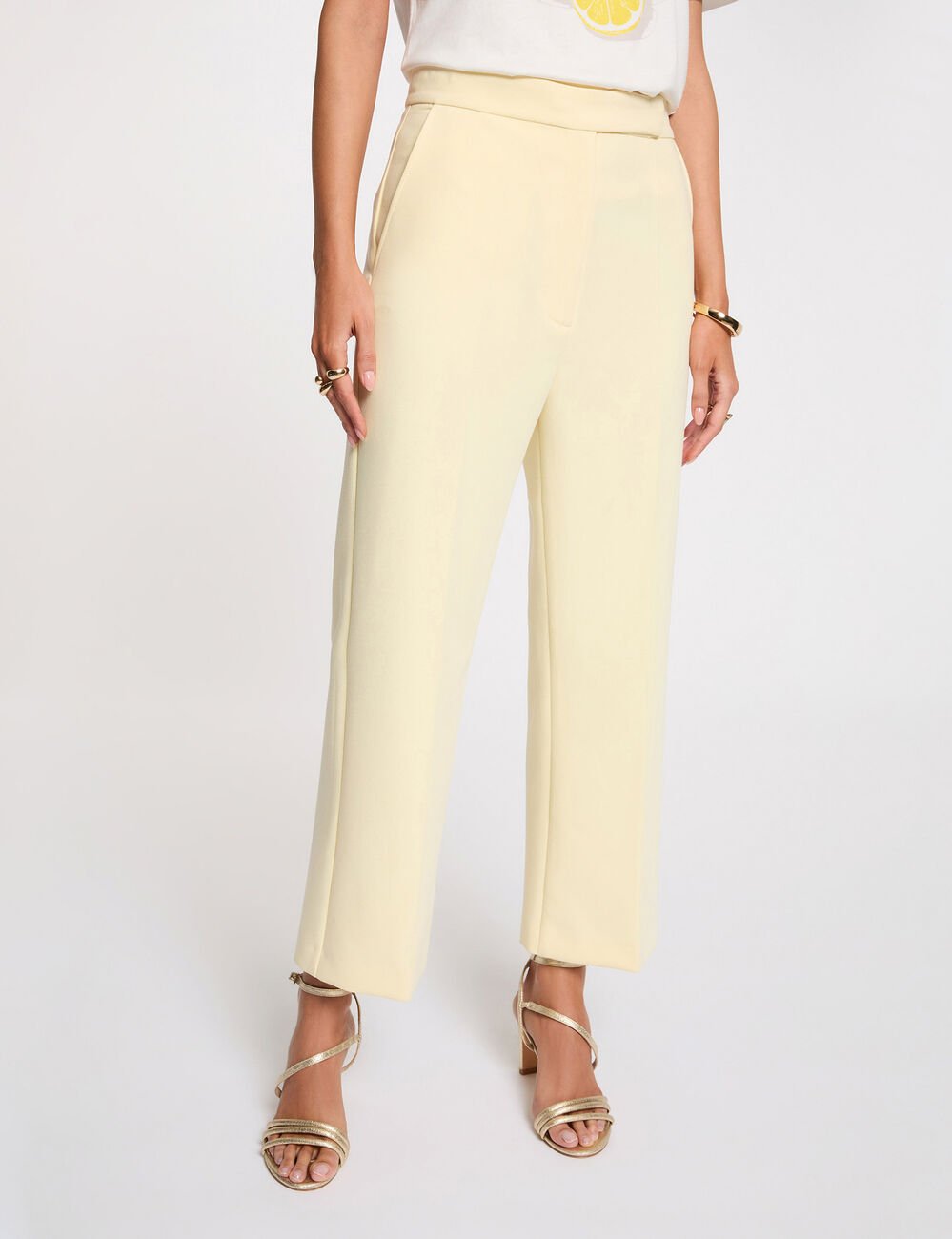 Pantalon droit taille haute jaune pastel femme