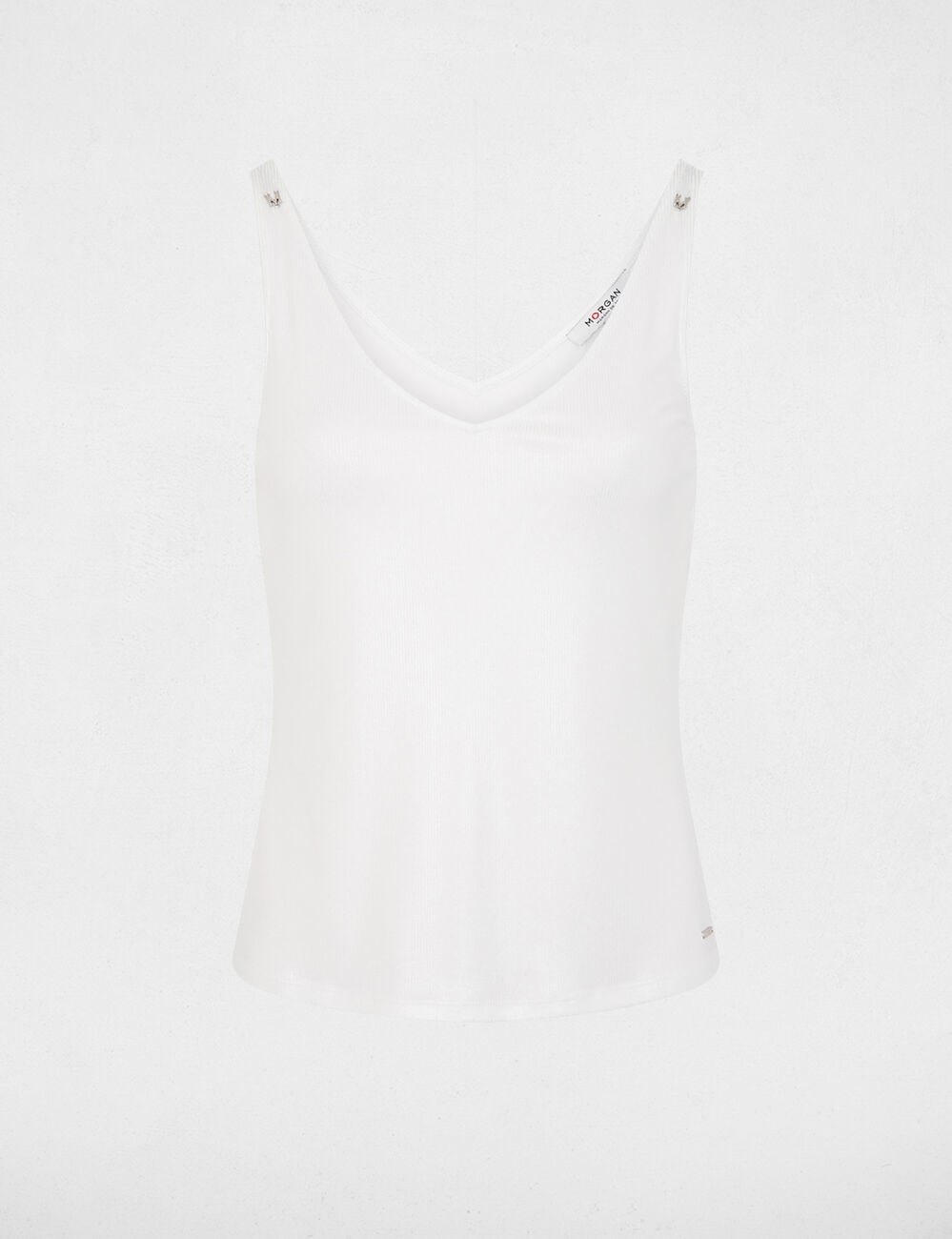 Glanzende V-hals tanktop helder wit vrouw
