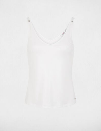 Glanzende V-hals tanktop helder wit vrouw