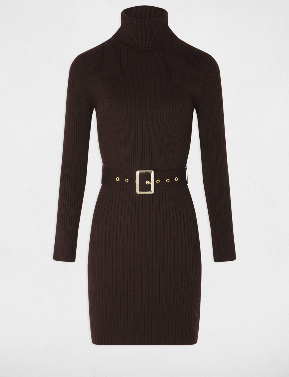 Gebreide jurk met coltrui donker bruin vrouw