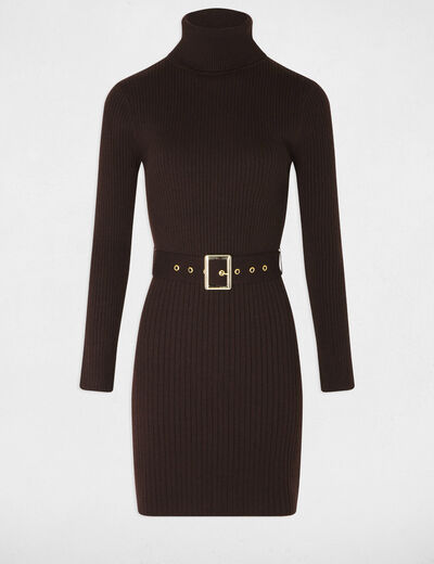 Robe tricot col roul&eacute; marron fonc&eacute; femme