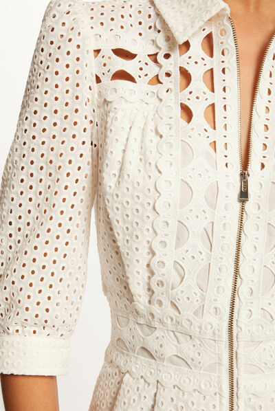 Rechte jumpsuit met Engels borduursel ecru vrouw