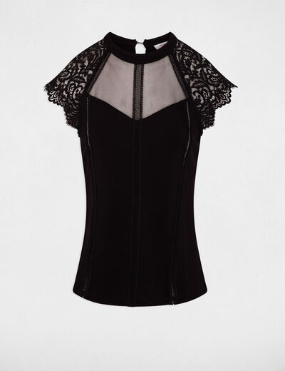 D&eacute;bardeur dentelle col montant noir femme