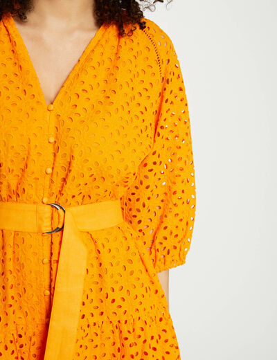 Robe courte trapèze brodée orange femme