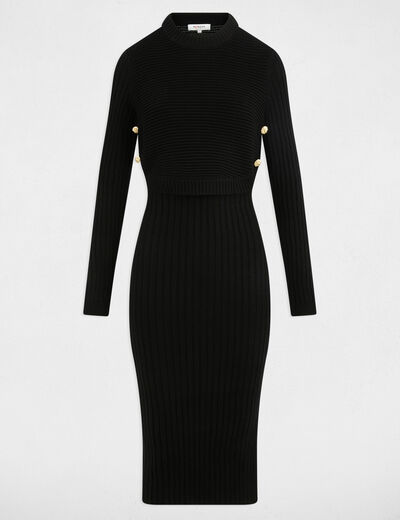 Robe tricot cintr&eacute;e manches longues noir femme
