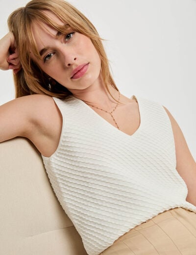 Débardeur maille col en V blanc femme
