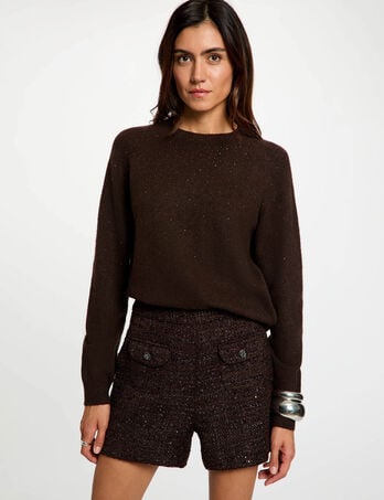Short tweed taille haute marron fonc&eacute; femme