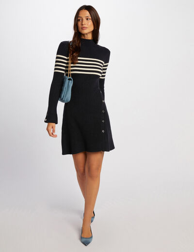 Robe tricot courte trap&egrave;ze bleu marine femme