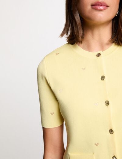 Gilet court col rond jaune pastel femme