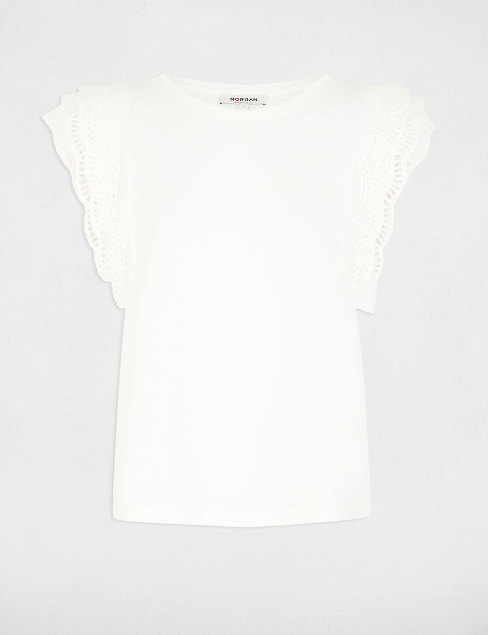 T-shirt met kanten mouwen helder wit vrouw