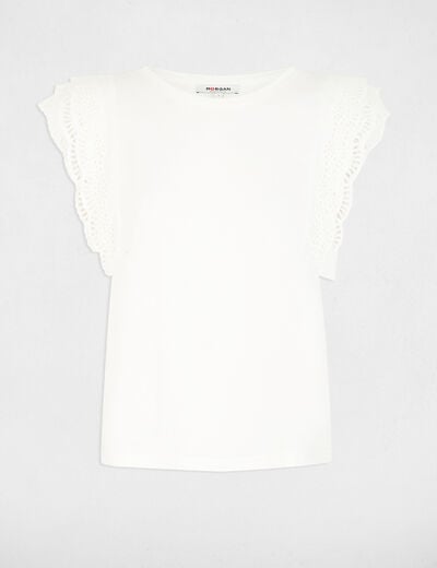 T-shirt met kanten mouwen helder wit vrouw