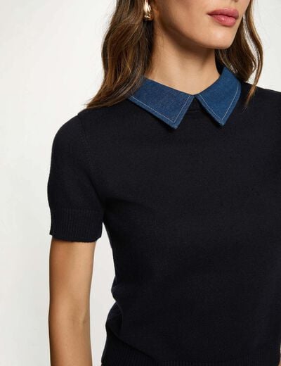 Pull court col chemise bleu marine femme