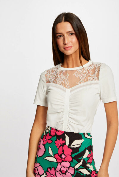 T-shirt met korte mouwen met kant ecru vrouw