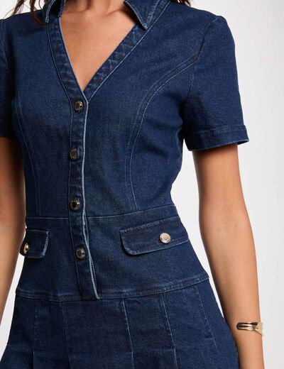Korte trapeze jurk van denim ruw denim vrouw