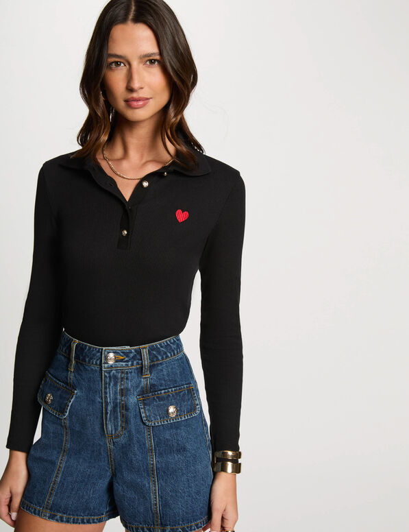 Polo manches longues noir femme
