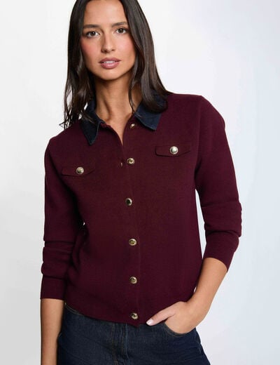 Gilet court col &agrave; revers prune femme