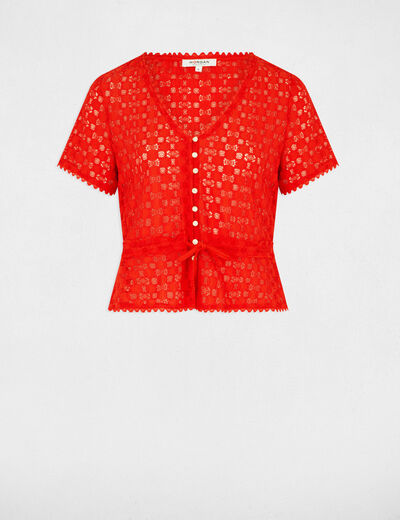 T-shirt korte mouwen van kant oranje vrouw