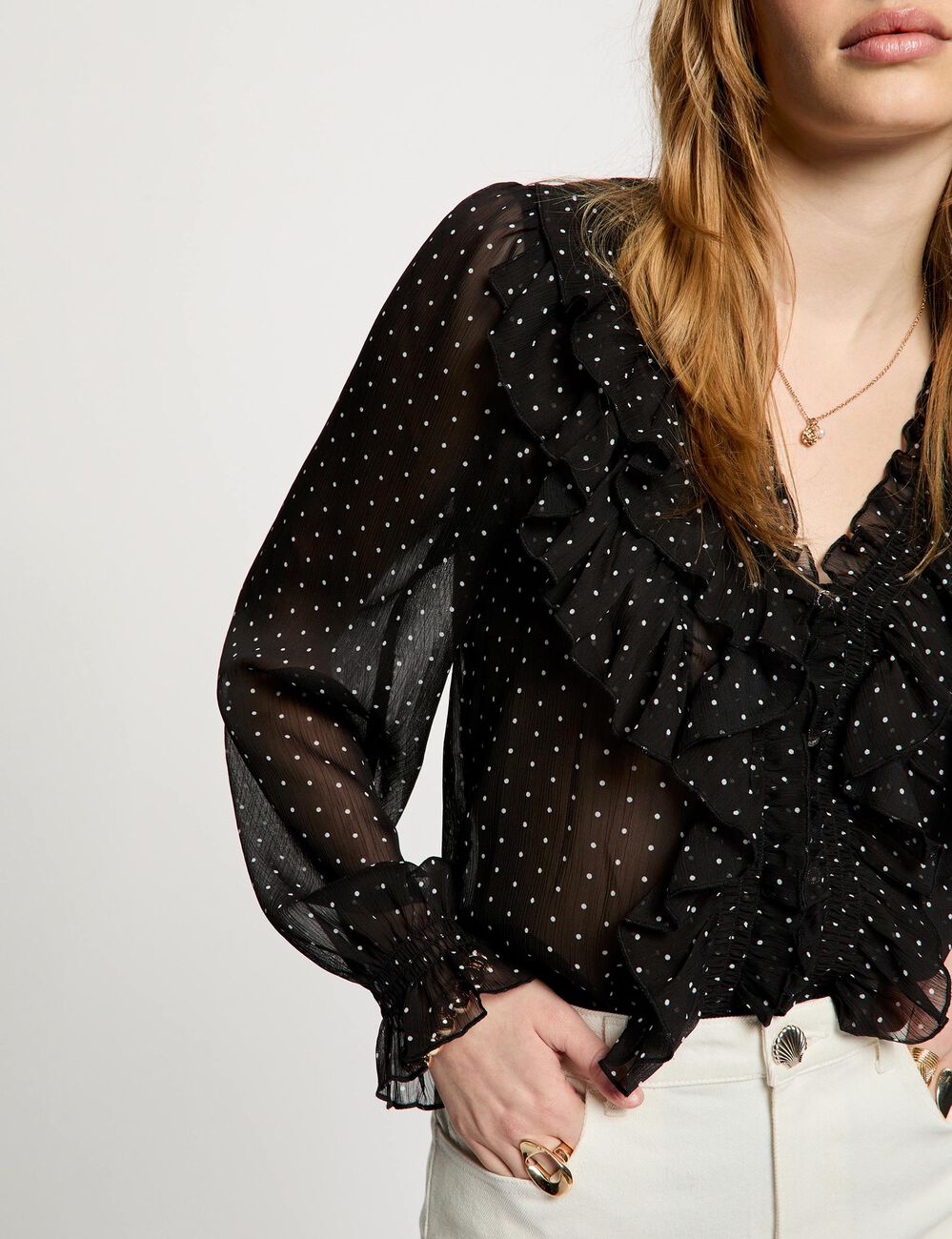 Chemise imprim&eacute;e col v noir femme