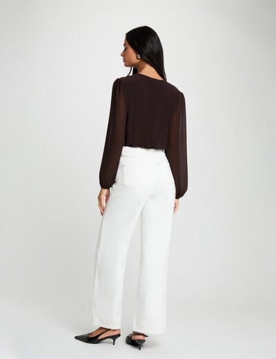 T-shirt voile col lavalli&egrave;re marron fonc&eacute; femme