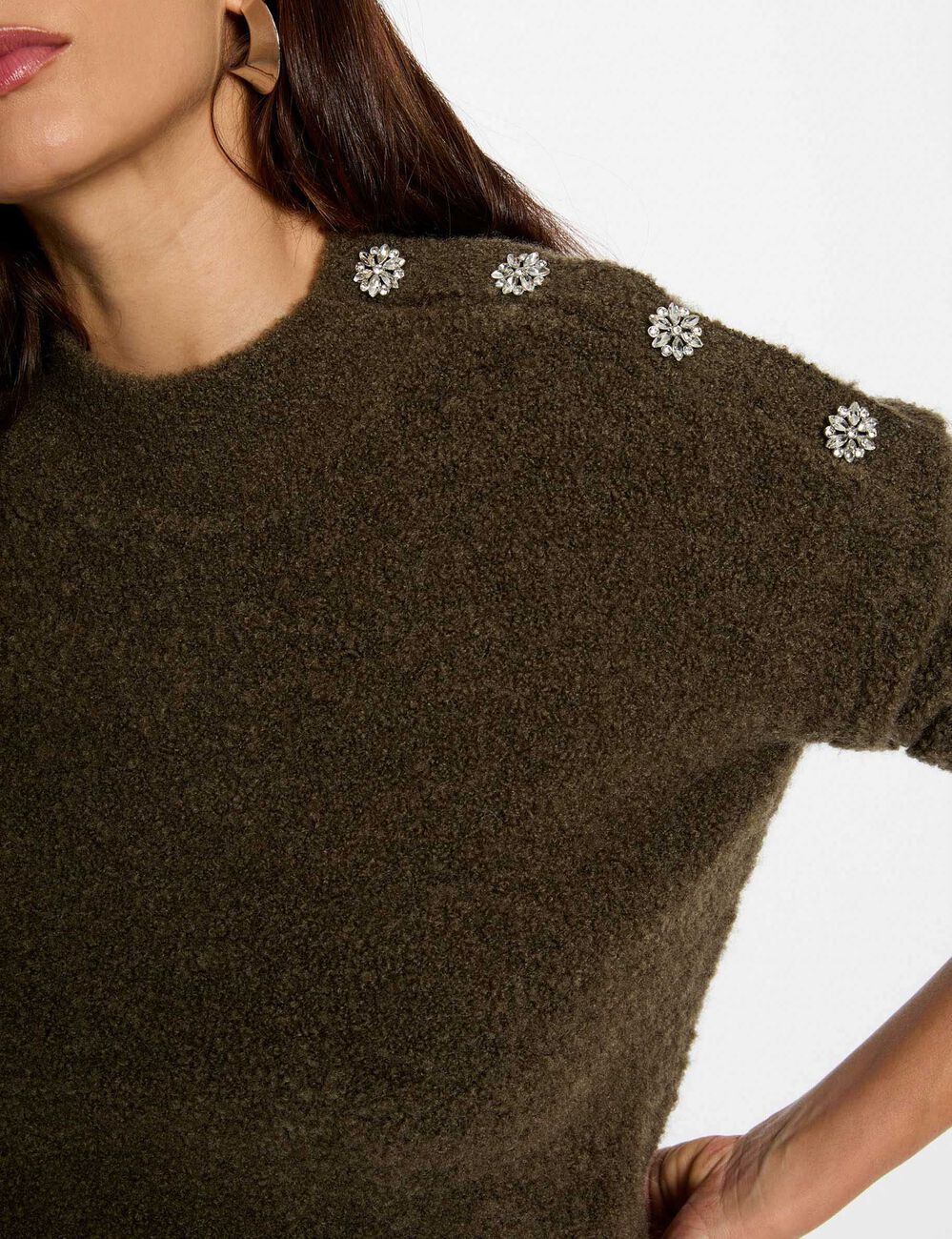 Pull col montant et boutons vert kaki femme