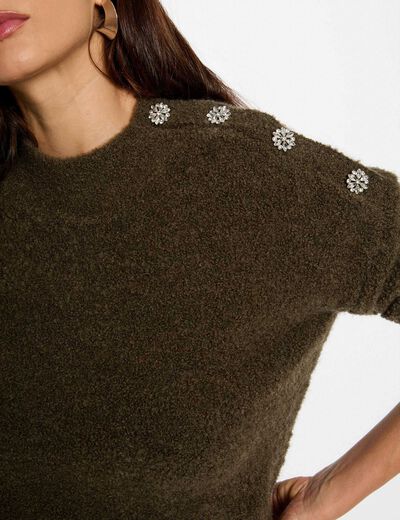 Pull col montant et boutons vert kaki femme