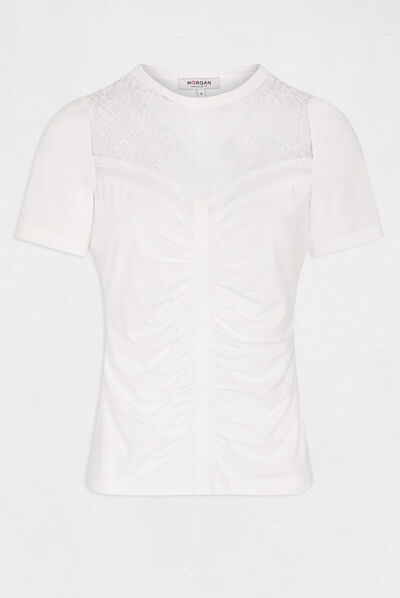 T-shirt met korte mouwen met kant ecru vrouw